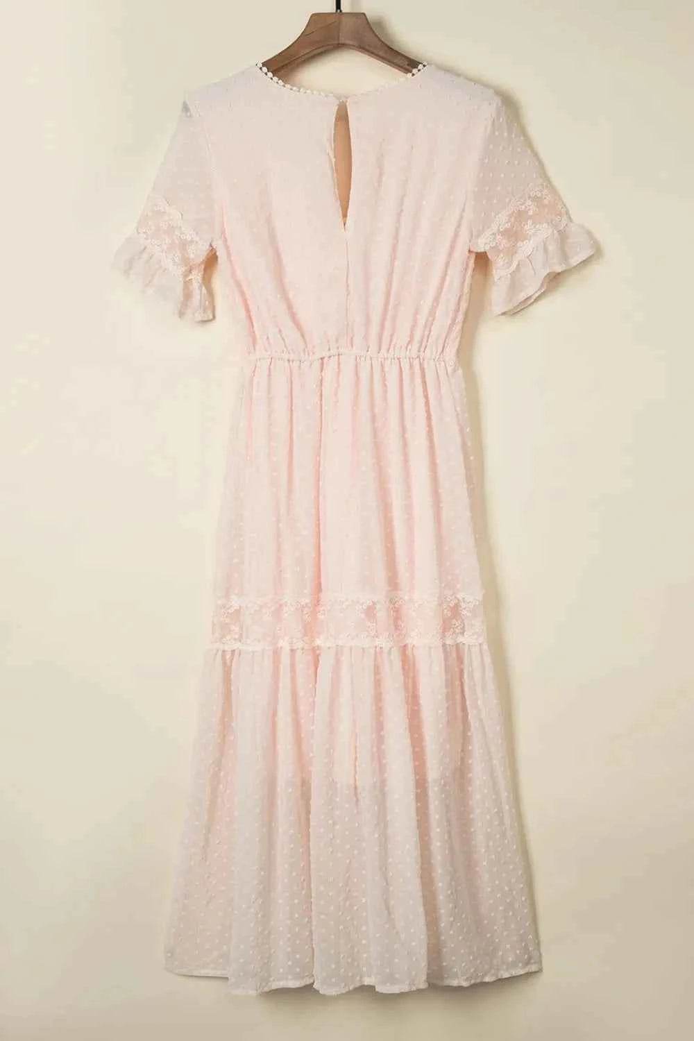 Polka Dot V-Neck Ruffle Midi Dress.