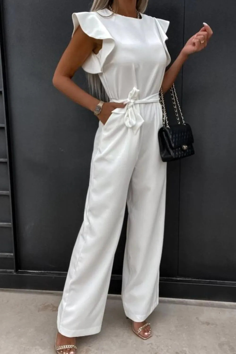 Round Neck Cap Sleeve Jumpsuit.