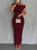 Asymmetrical One Shoulder Bodycon Maxi Dress.