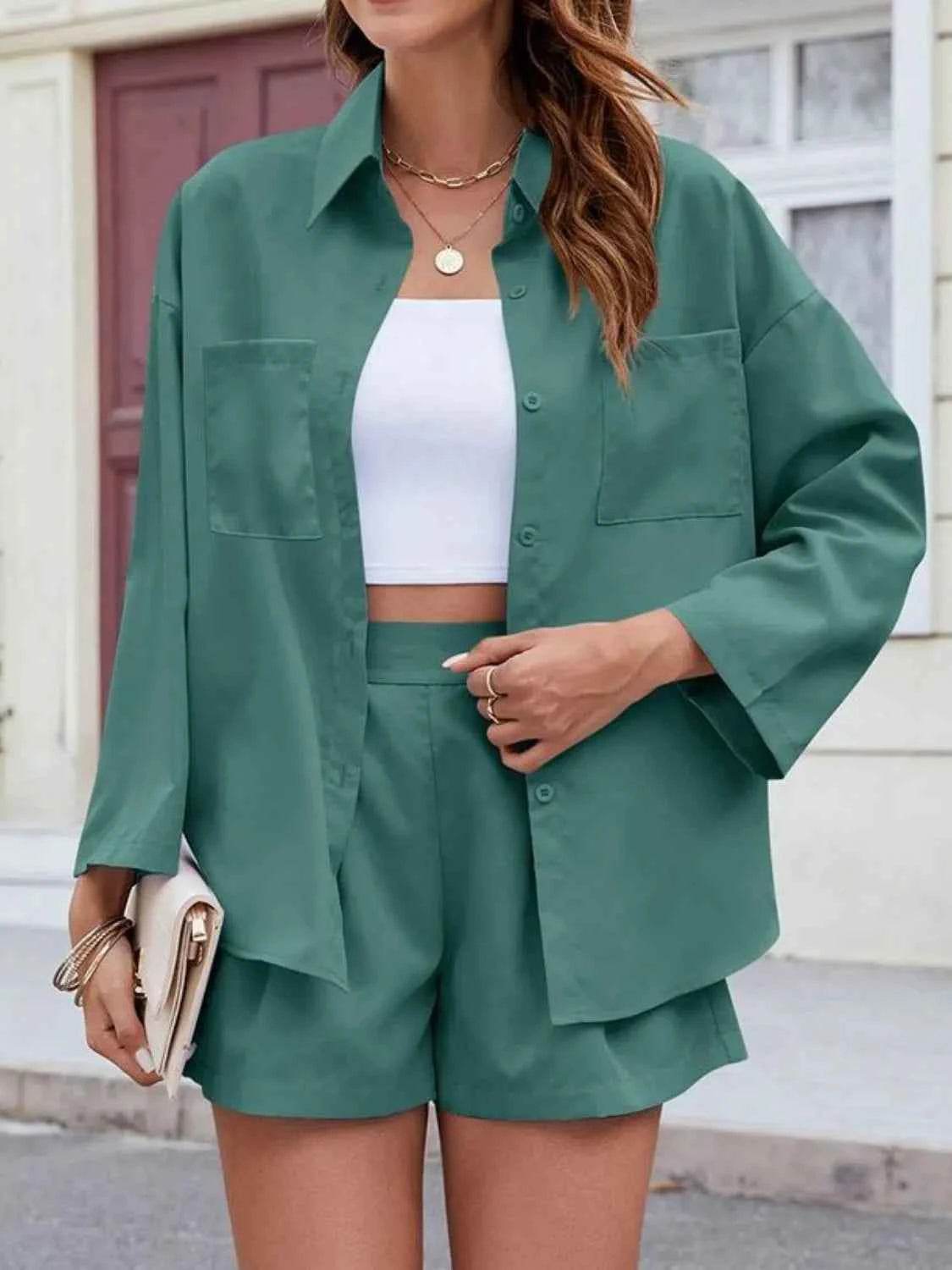 Button Up Long Sleeve Top and Shorts Set - EBYNN