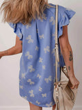 Bow Knot Print Ruffled Sleeve Crewneck Mini Dress.
