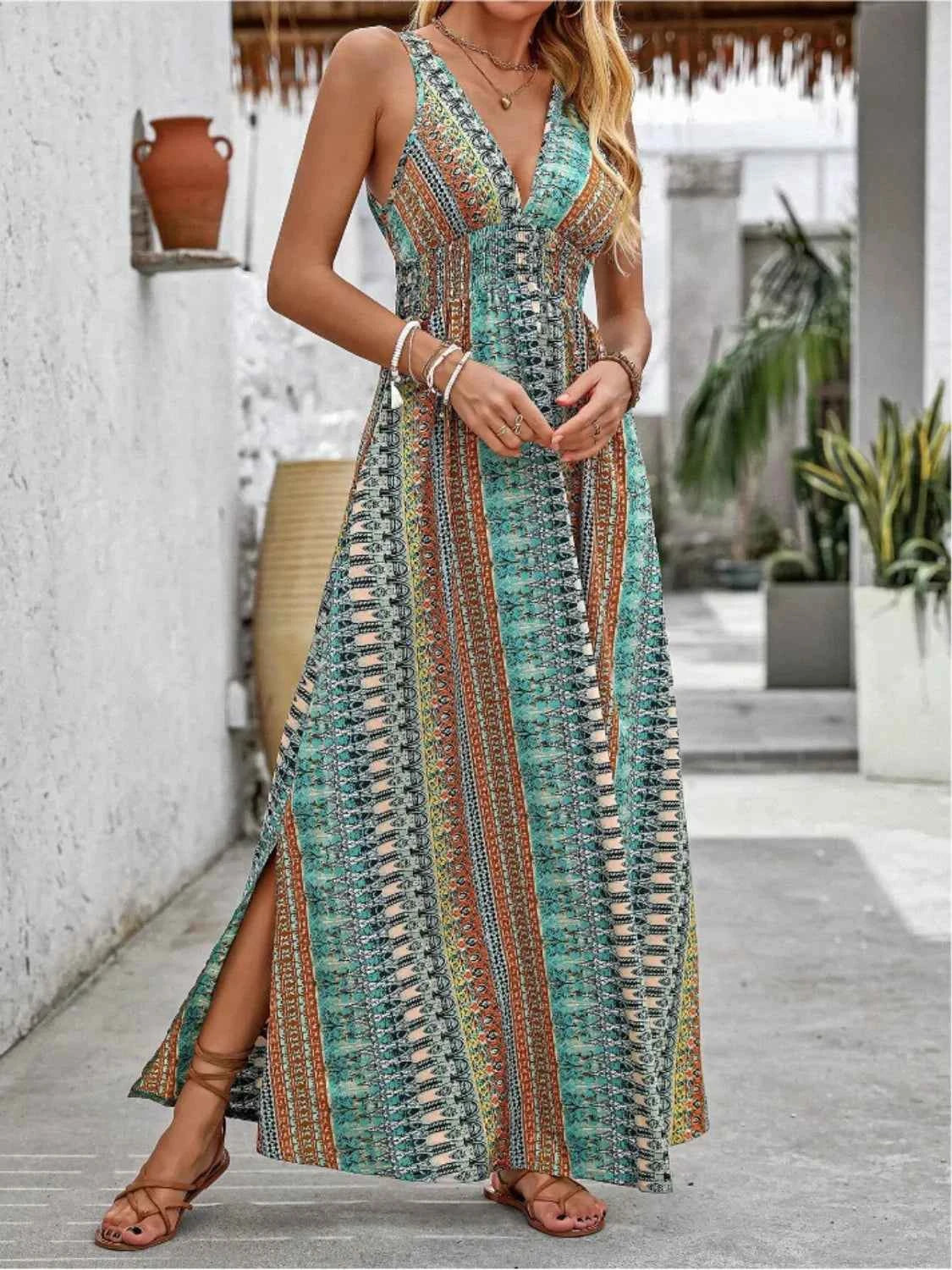Tied Back Printed Sleeveless Maxi Dress with Slit.