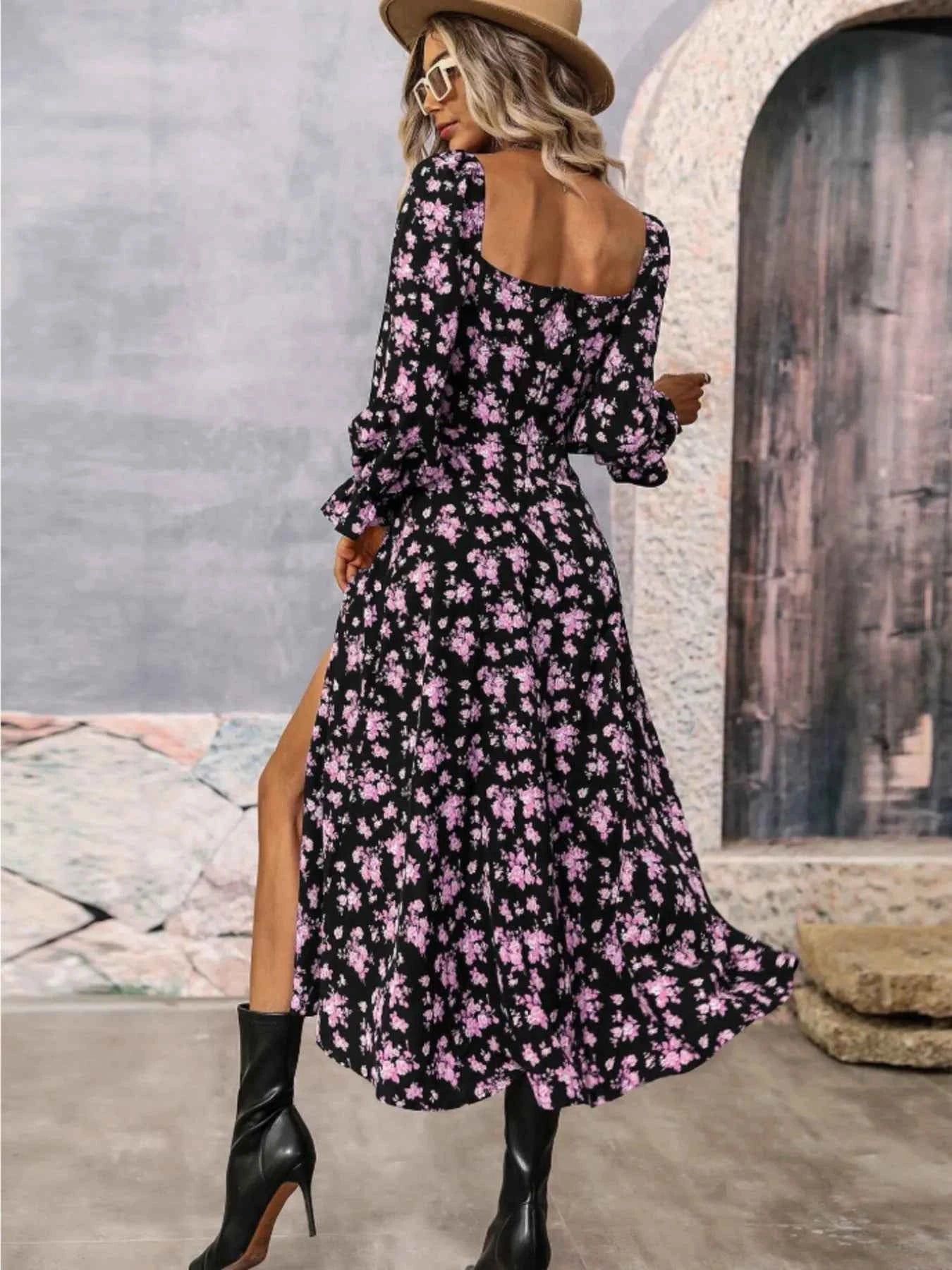 Floral Print Square Neck Dress with Flounce Sleeves.