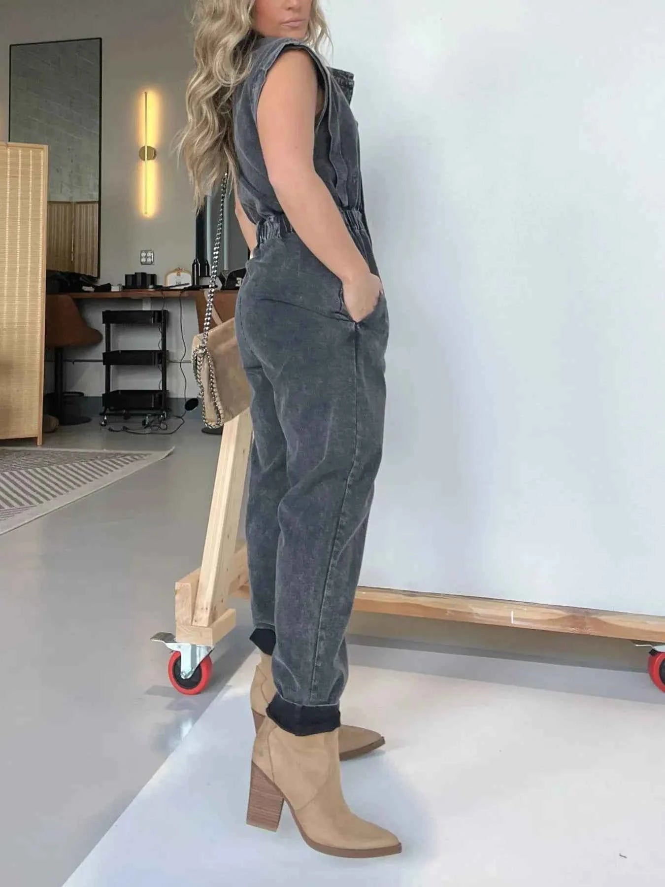 Plus Size Button Front Cap Sleeve Denim Jumpsuit.