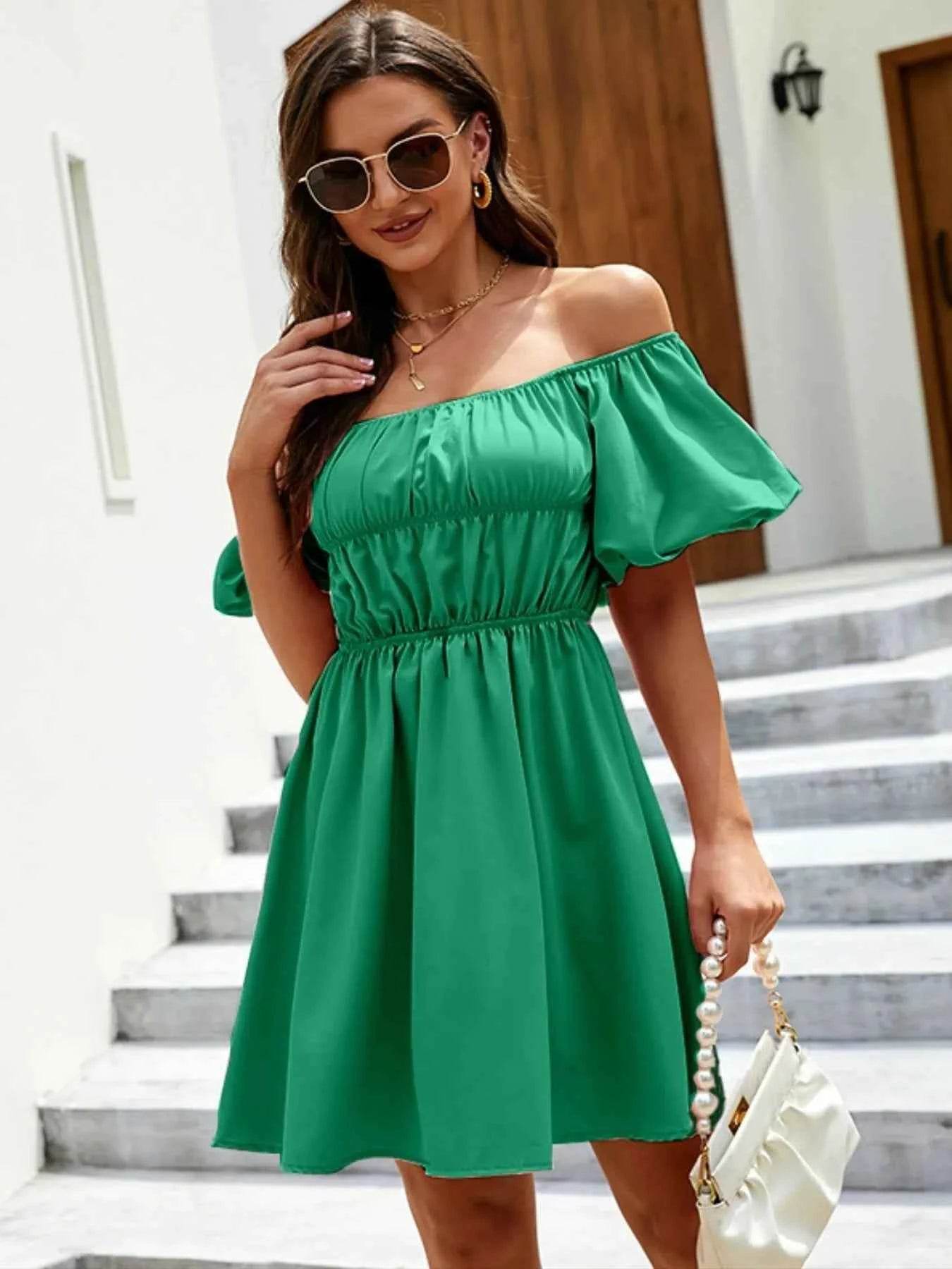 Off-Shoulder Puff Sleeve Mini Dress.
