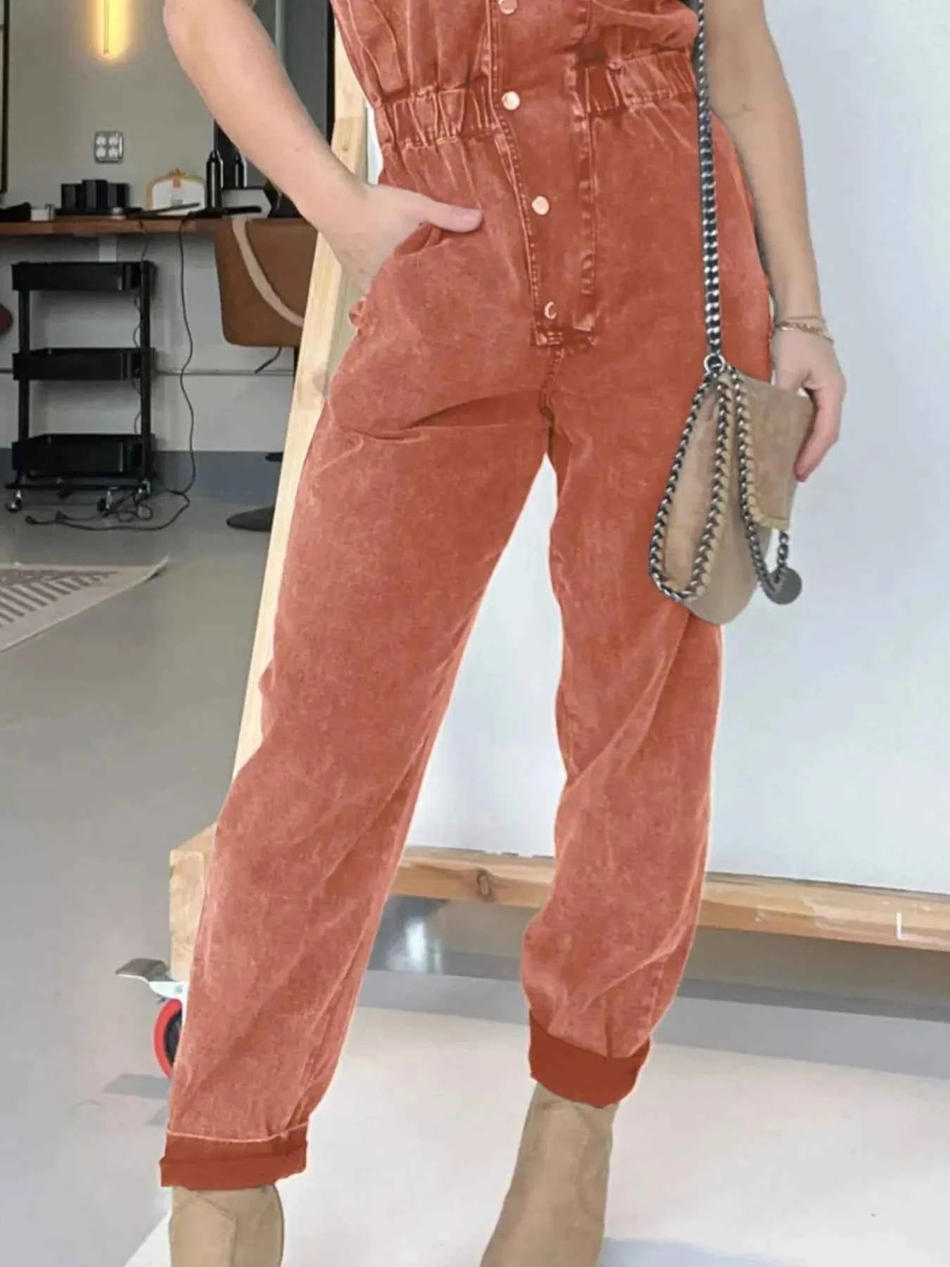 Plus Size Button Front Cap Sleeve Denim Jumpsuit.