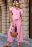 Textured Ruffled Sleeve Zipped Top & Wide Leg Pants Set - EBYNN