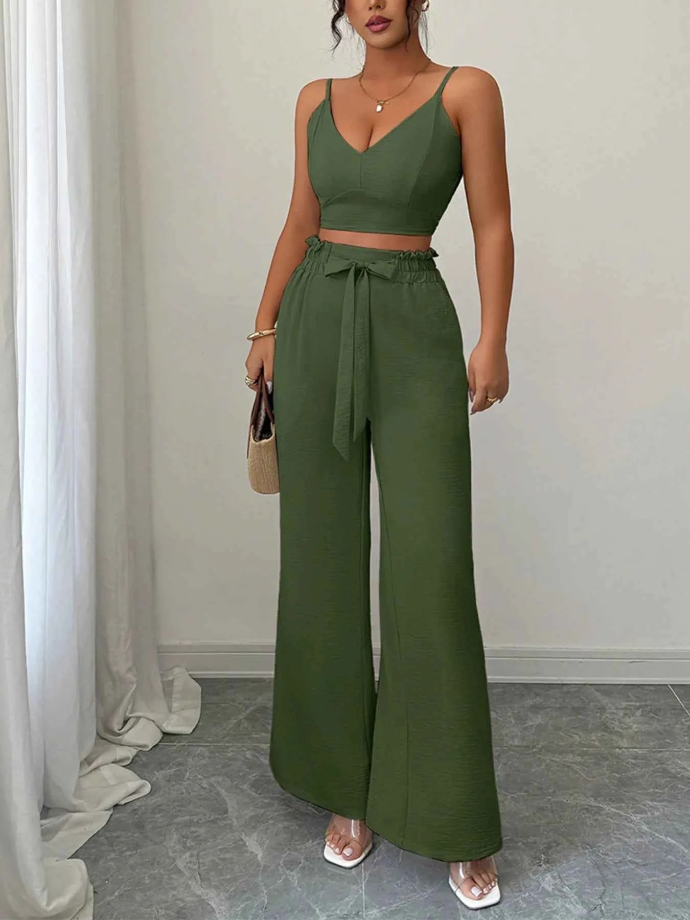 V-Neck Cami and Wide Leg Pants Set.