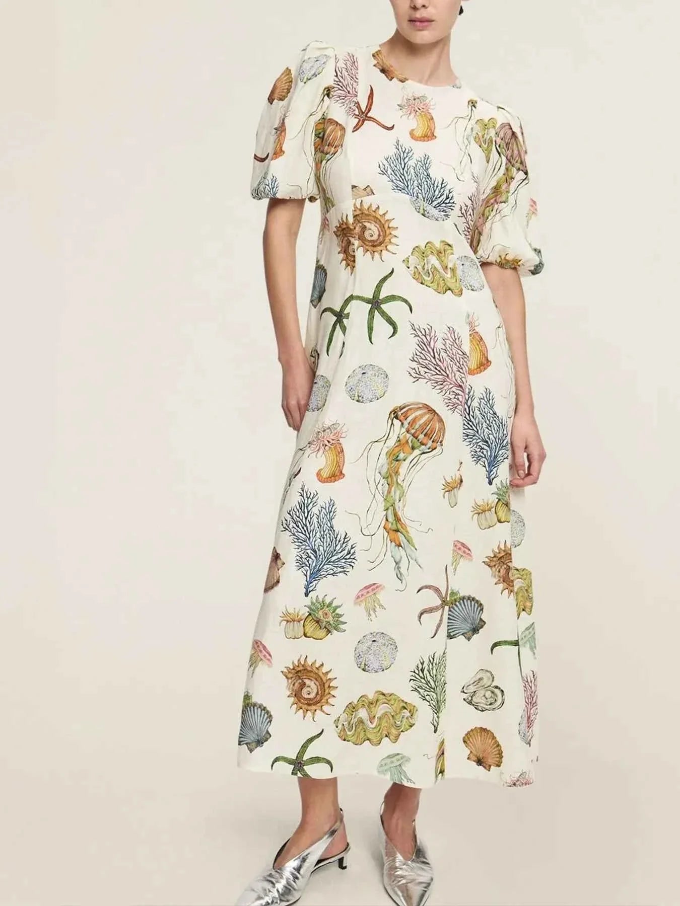 Printed Round Neck Puff Sleeve Dress.