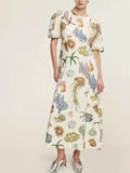 Printed Round Neck Puff Sleeve Dress.
