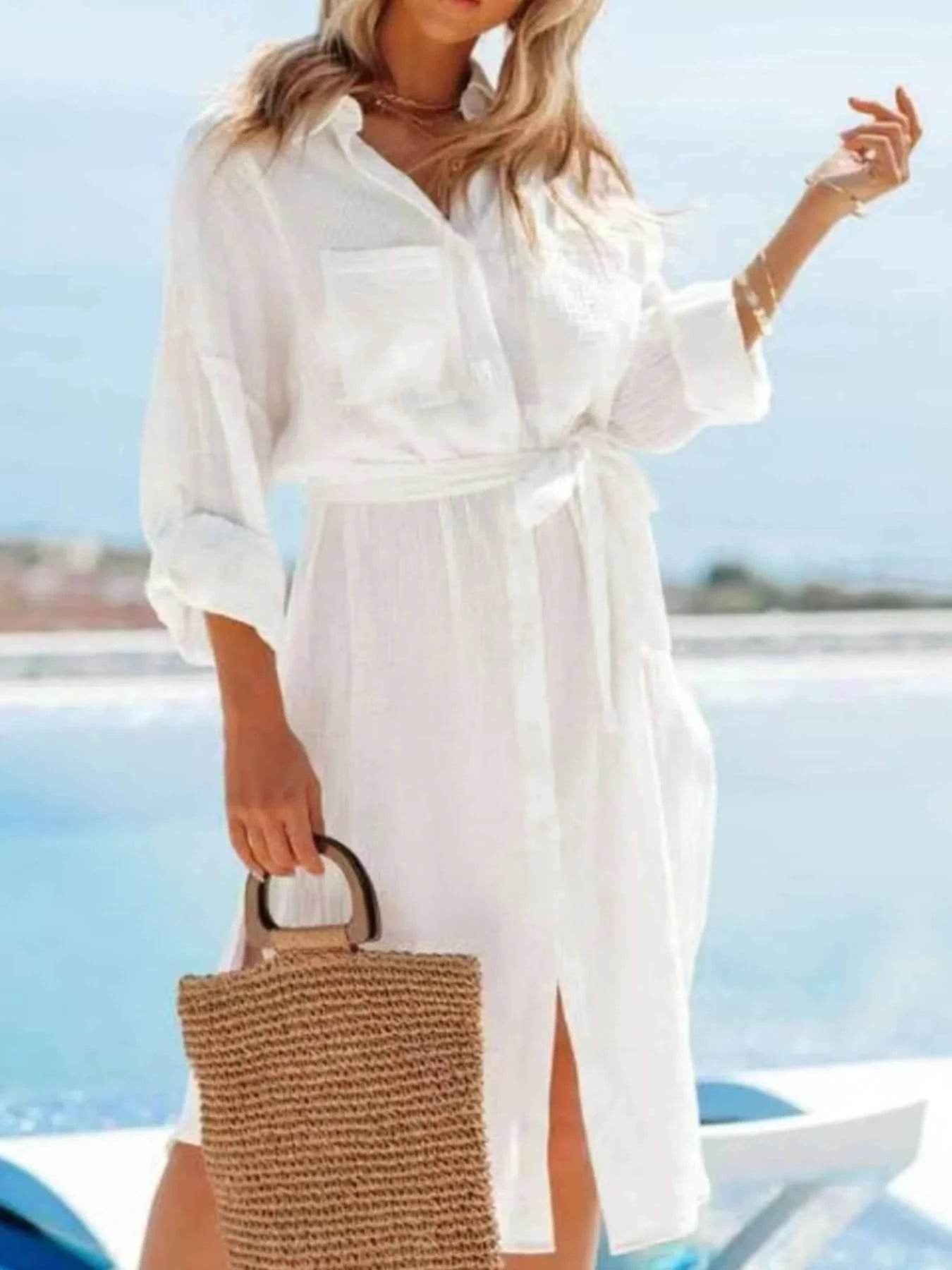 Button Down Tie Waist Shirt Dress.