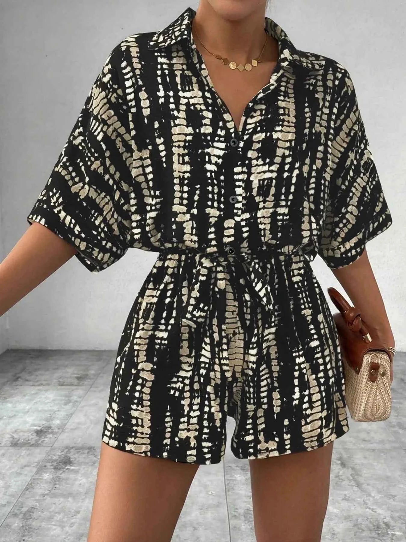Tie Dye Print Collar Neck Short Sleeve Romper.