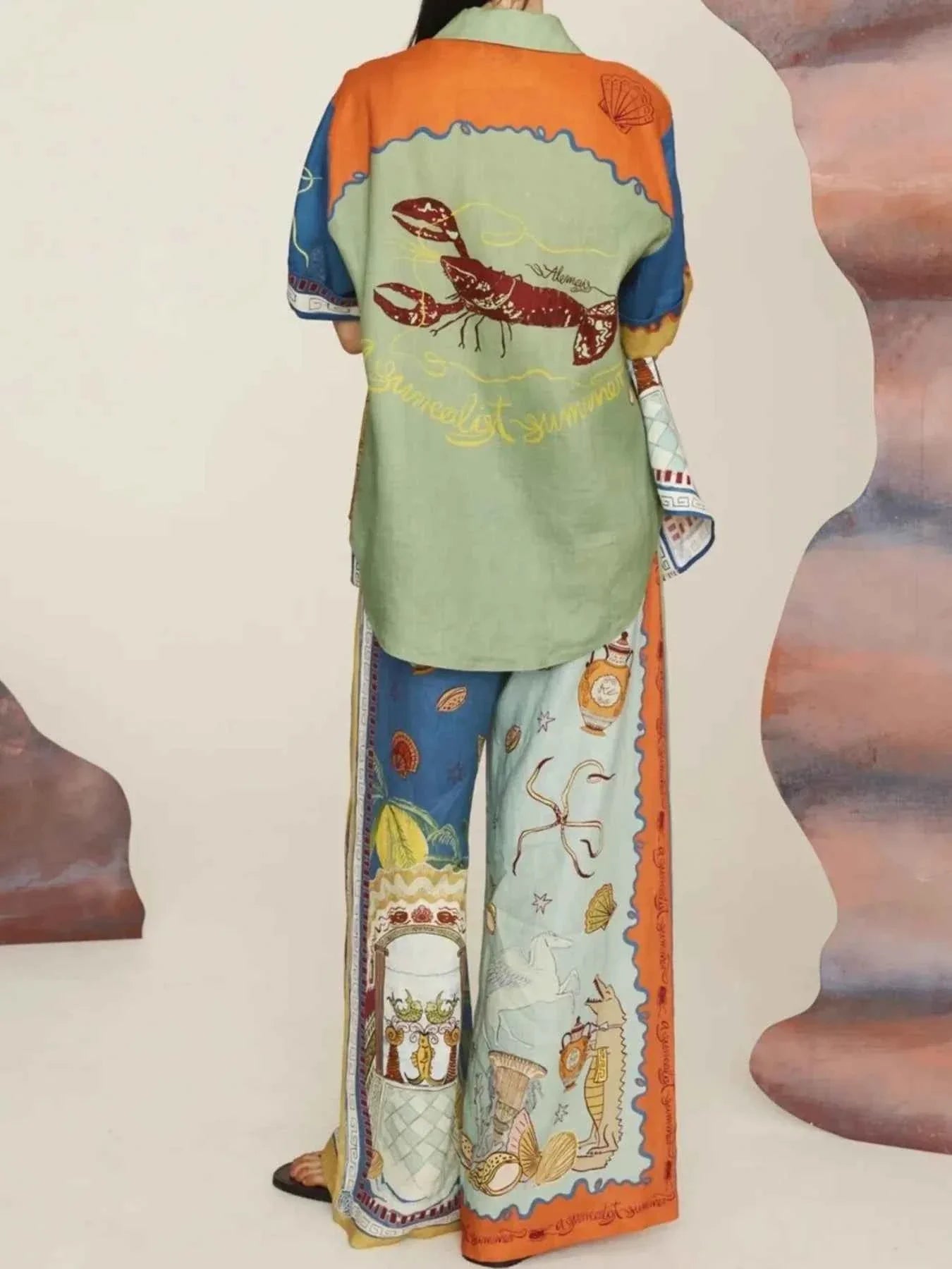 Printed Button Up Shirt and Pants Set.