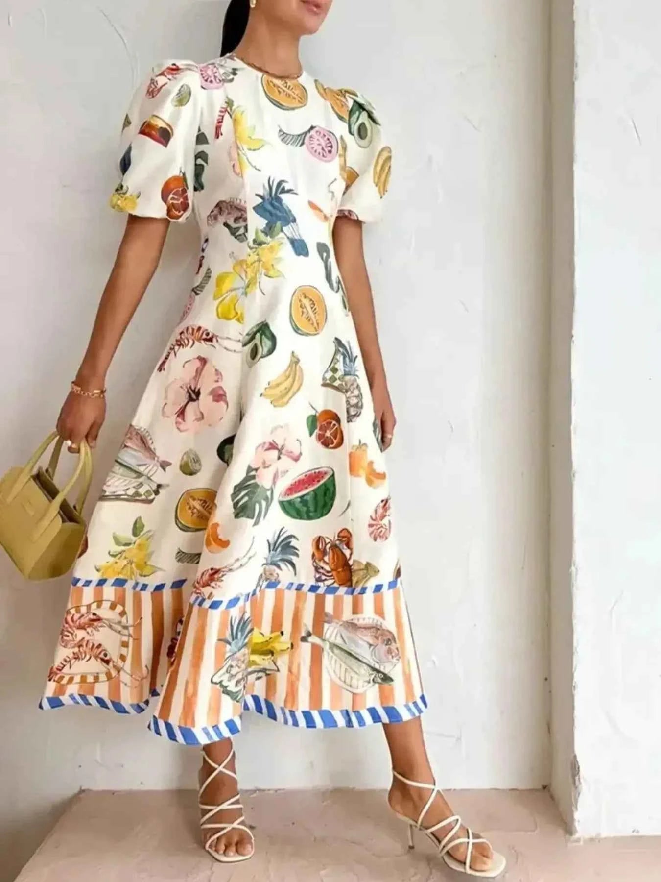 Printed Round Neck Puff Sleeve Dress.