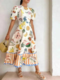 Printed Round Neck Puff Sleeve Dress.