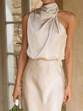 Asymmetrical Ruched Sleeveless Midi Dress.