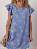 Bow Knot Print Ruffled Sleeve Crewneck Mini Dress.