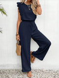 Lace Trim Round Neck Top and Pants Set - EBYNN
