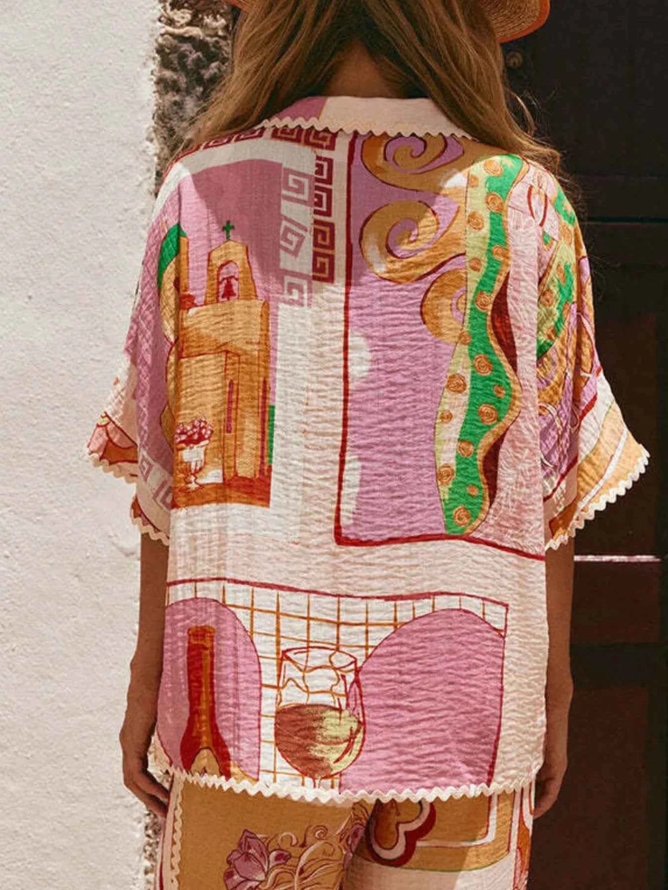 Printed Button-Up Shirt and Shorts Set.