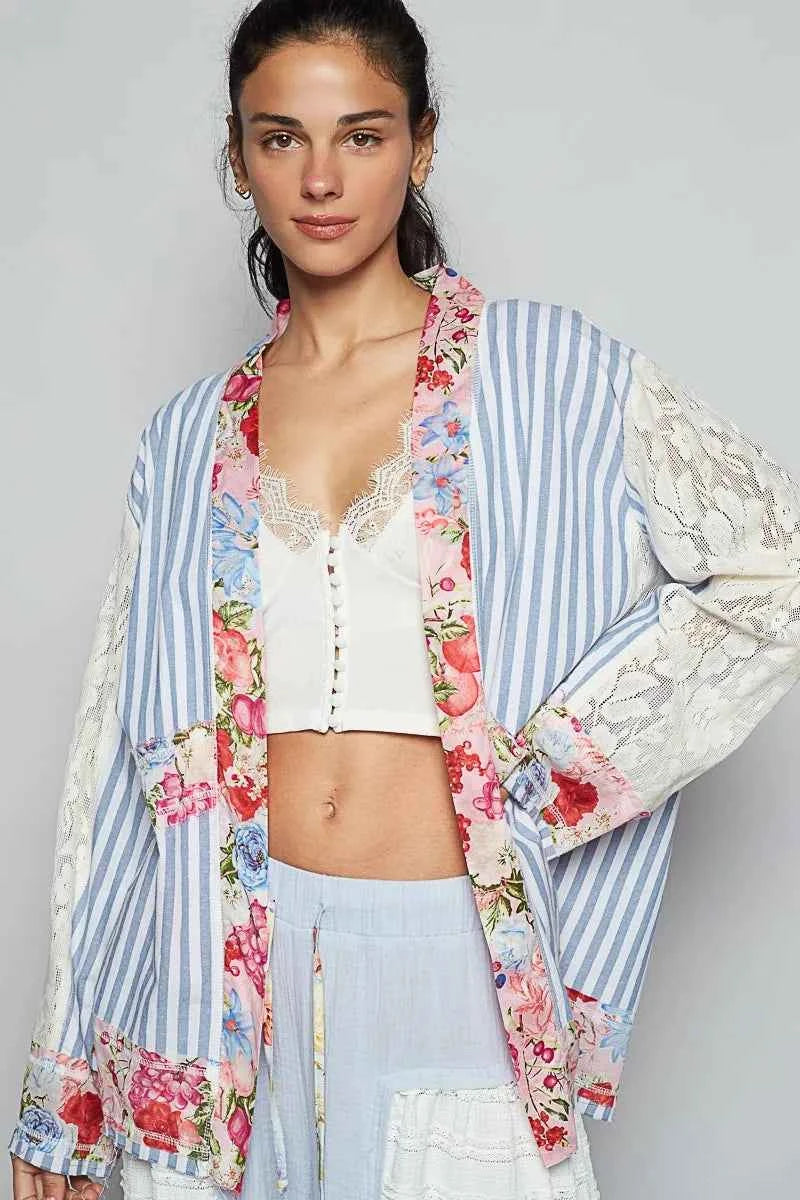 Lace Long Sleeve Striped Cardigan with Floral Patchwork.