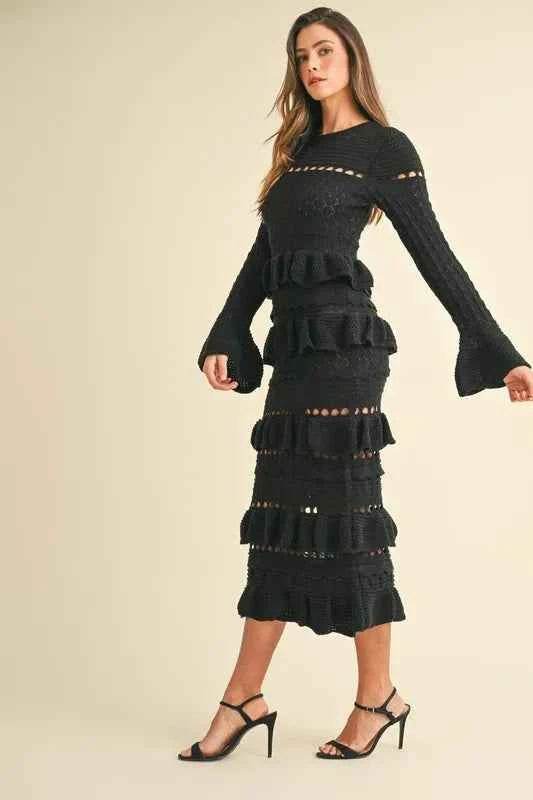 MABLE Long Sleeve Tiered Ruffle Knit Midi Dress.