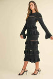 MABLE Long Sleeve Tiered Ruffle Knit Midi Dress.