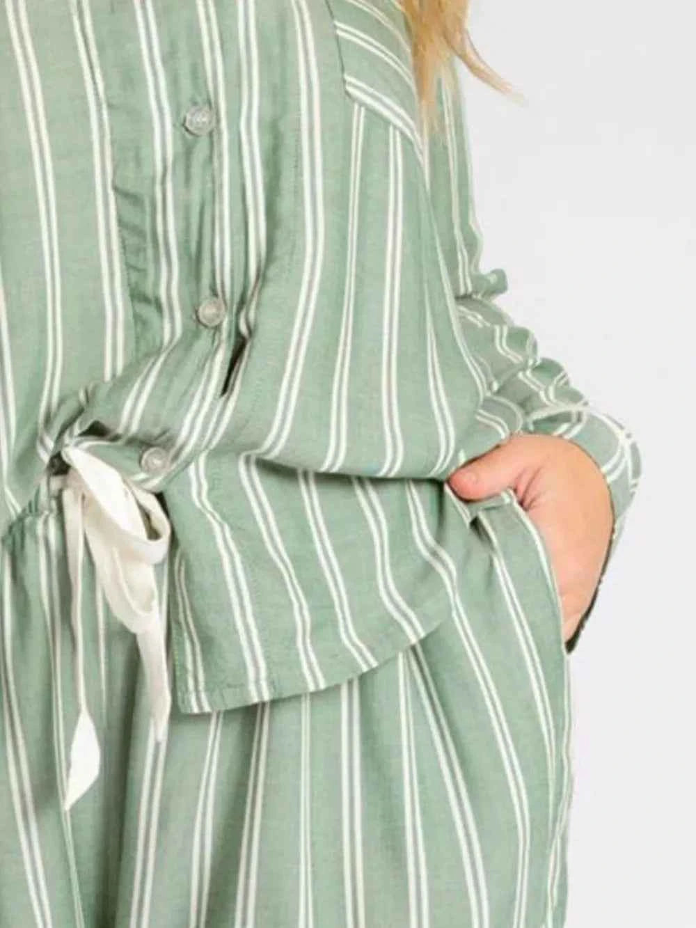 Striped Collared Neck Long Sleeve Top and Shorts Lounge Set.