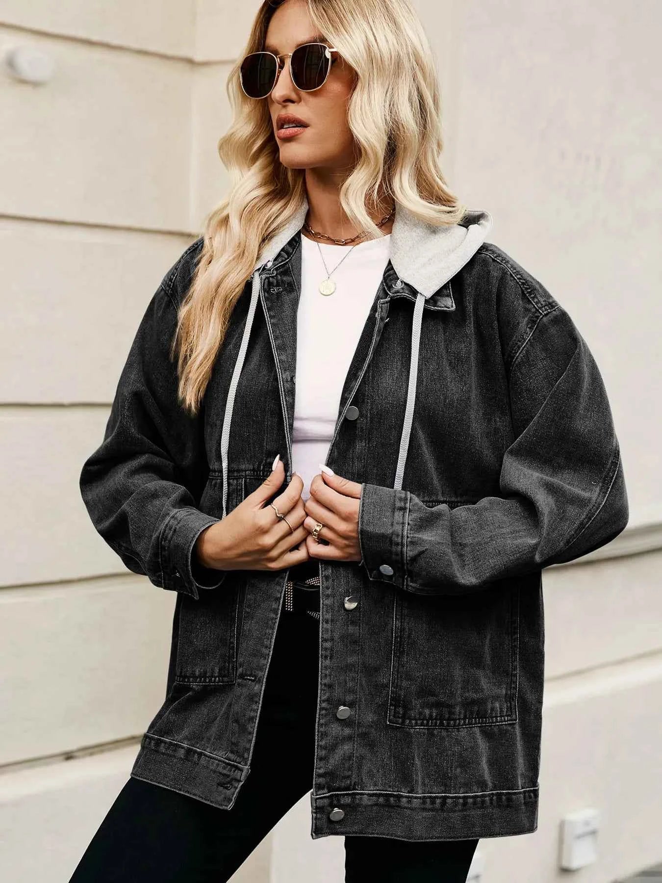 Oversized Button Up Denim Jacket with Hood.