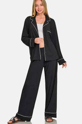Zenana Cozy Button Down Long Sleeve Top and Pants Set.