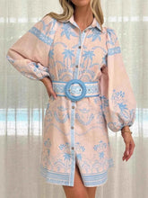 Printed Button Down Shirt Dress with Belt.