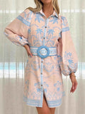 Printed Button Down Shirt Dress with Belt.