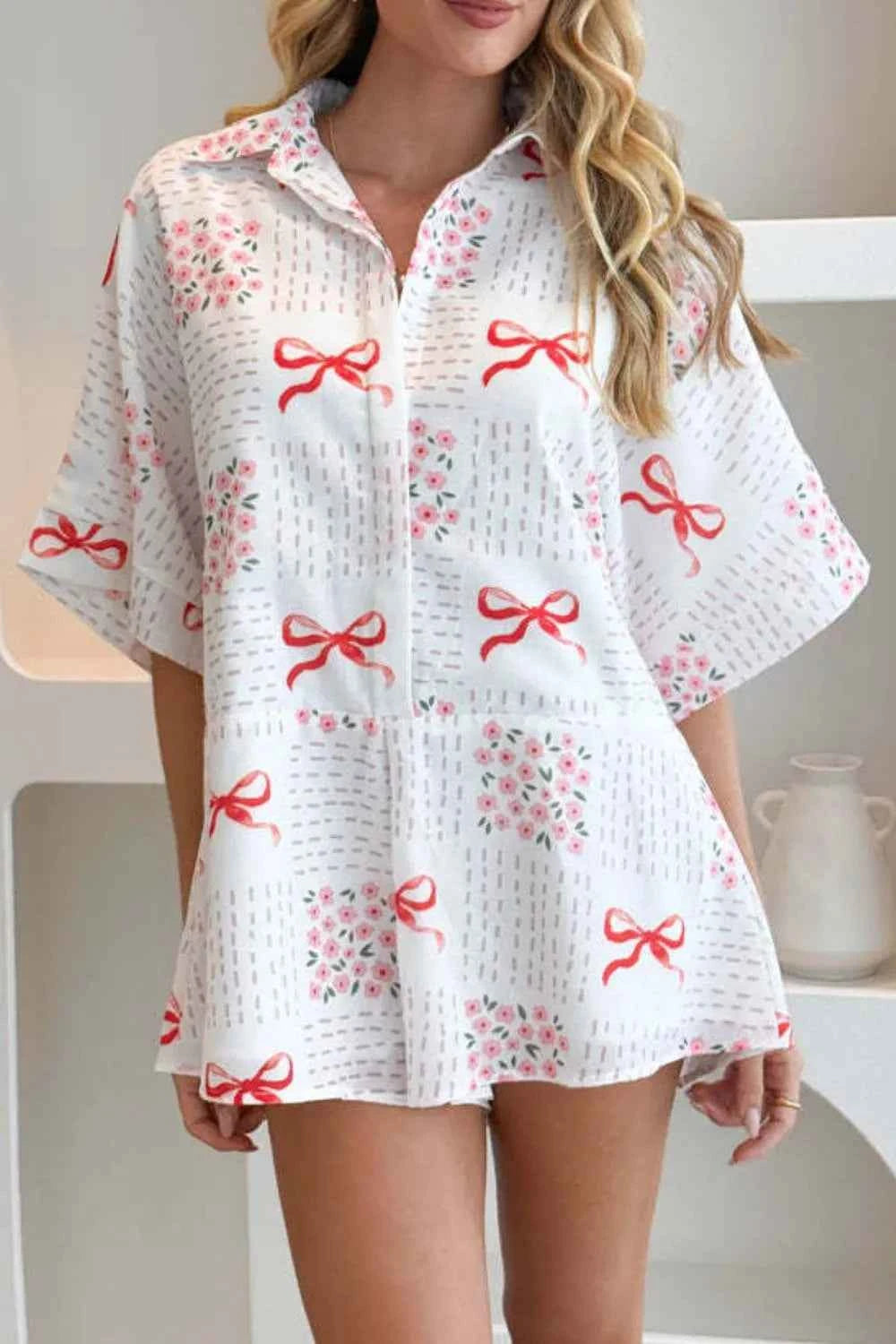 Printed Tie Waist Romper.
