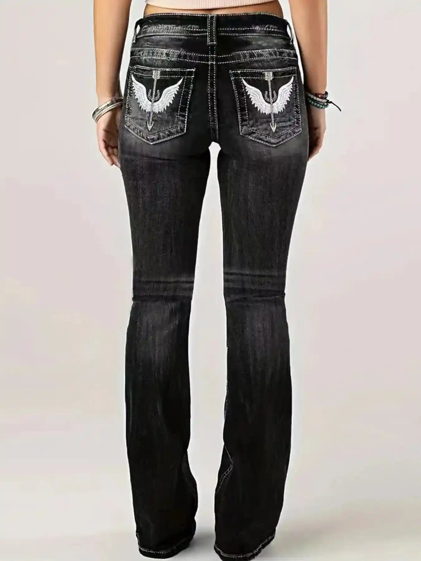 Embroidered Washed Bootcut Jeans.