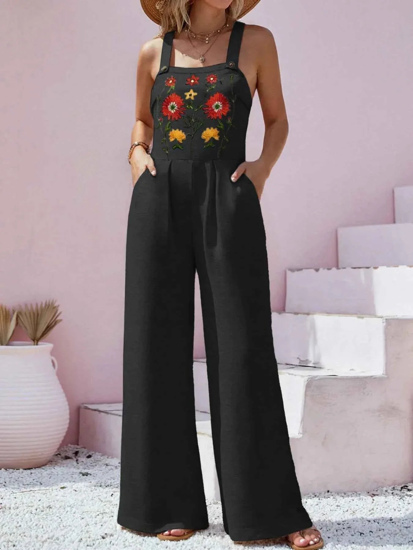 Floral Embroidered Wide Leg Jumpsuit.