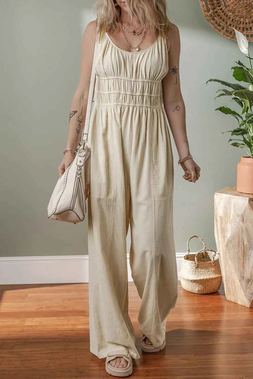 Ruched Sleeveless Wide Leg Jumpsuit.