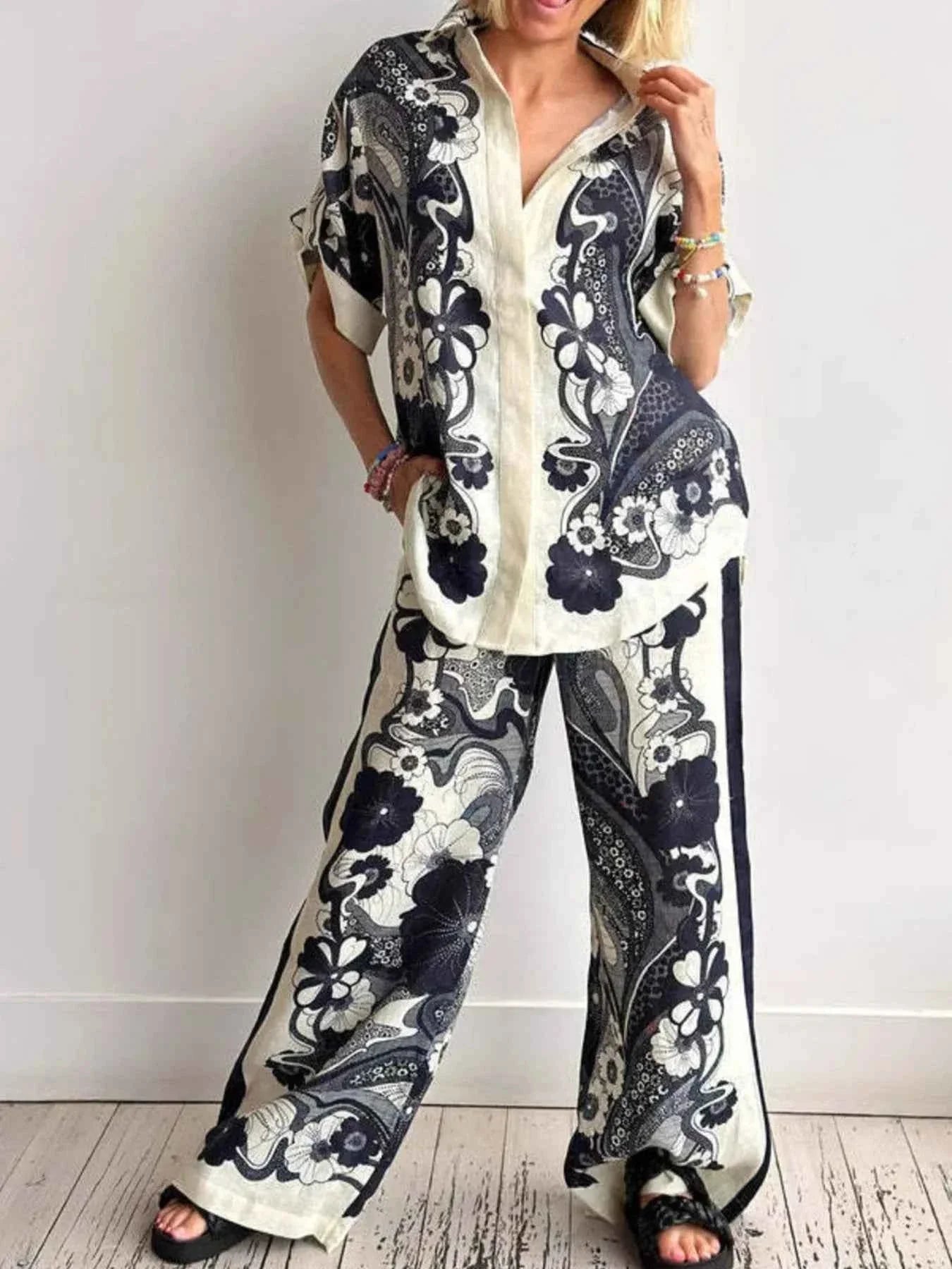 Printed Button Up Shirt and Pants Set.