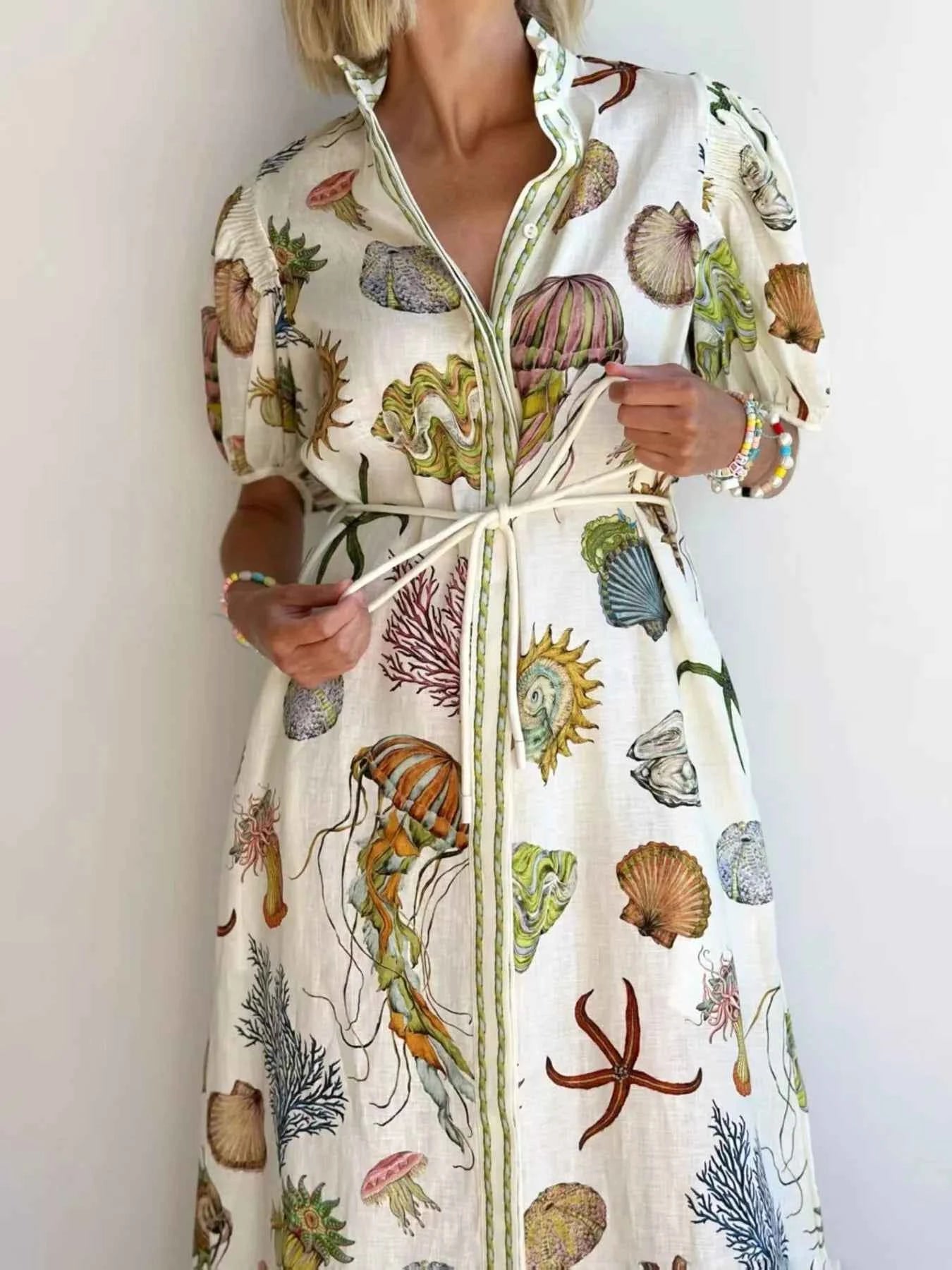 Printed Short Sleeve Shirt Dress.