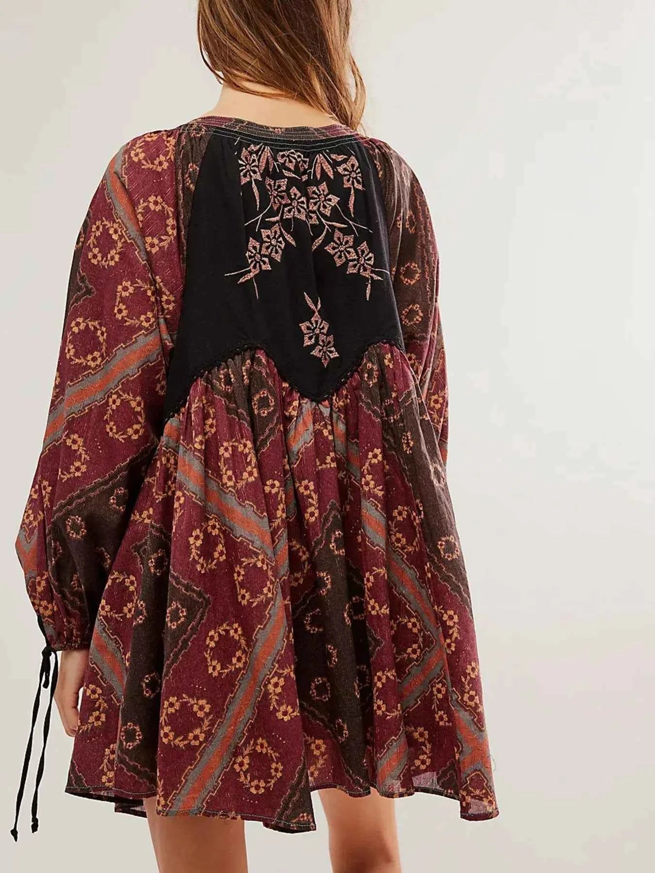 Printed Tie Neck Long Sleeve Dress.