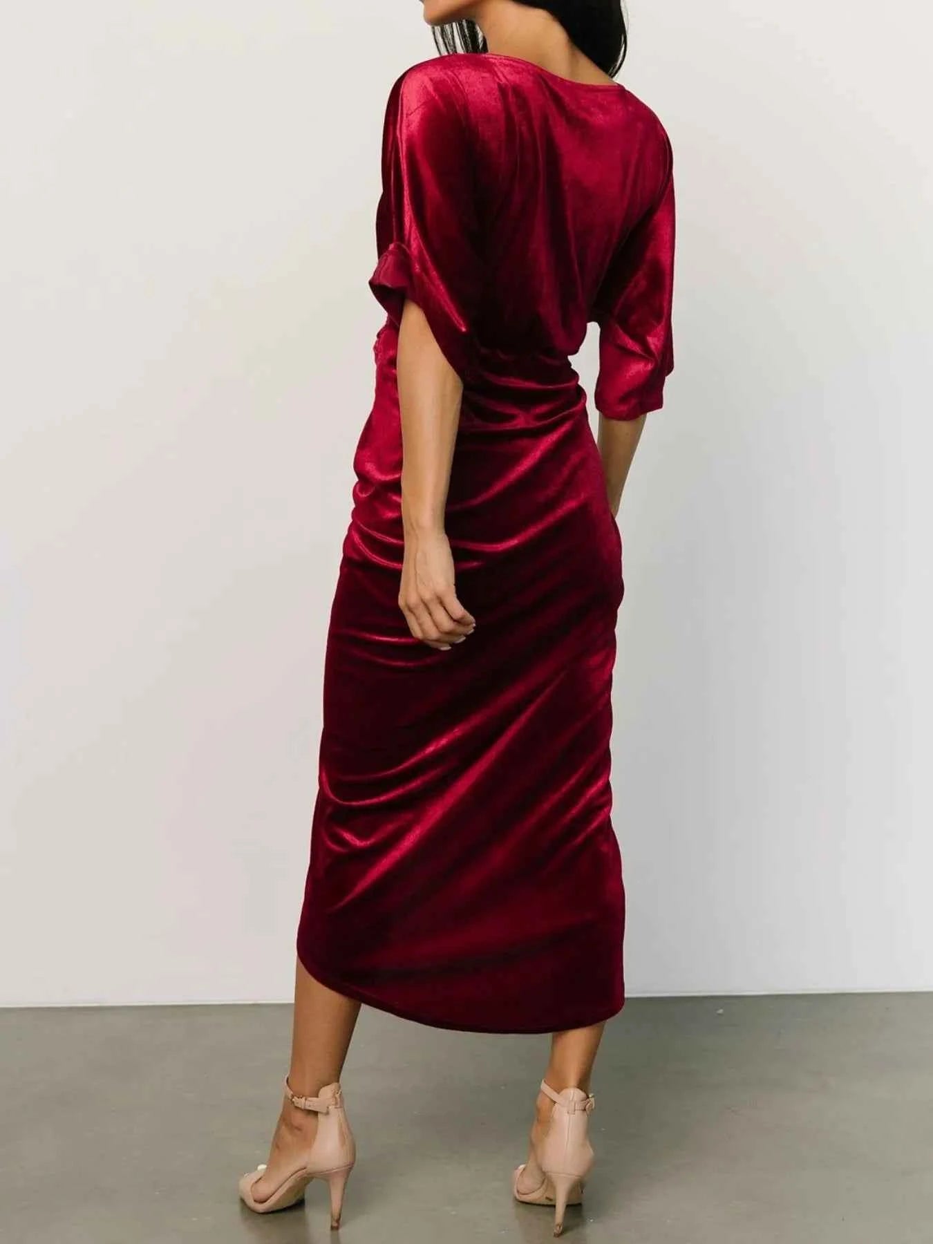 Ruched Surplice Half Sleeve Dress.