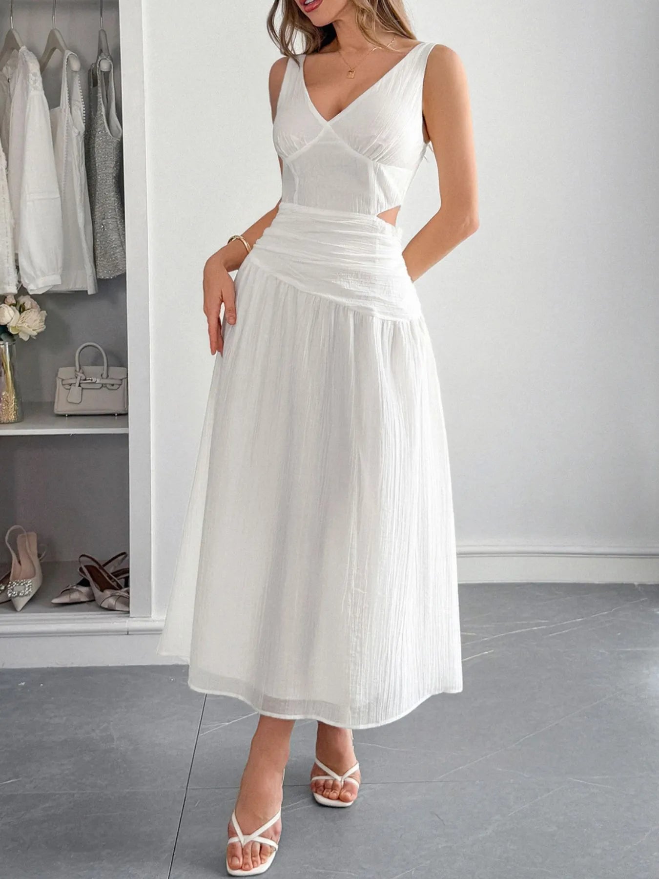 Cutout V-Neck Sleeveless Midi Dress.