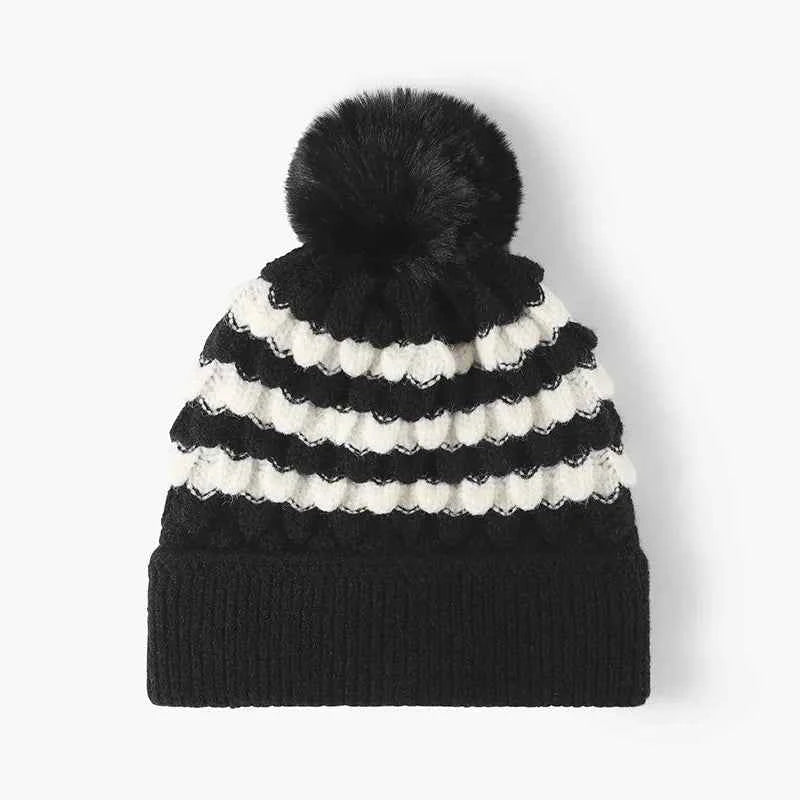 Striped Contrast Knit Hat with Pom-pom.