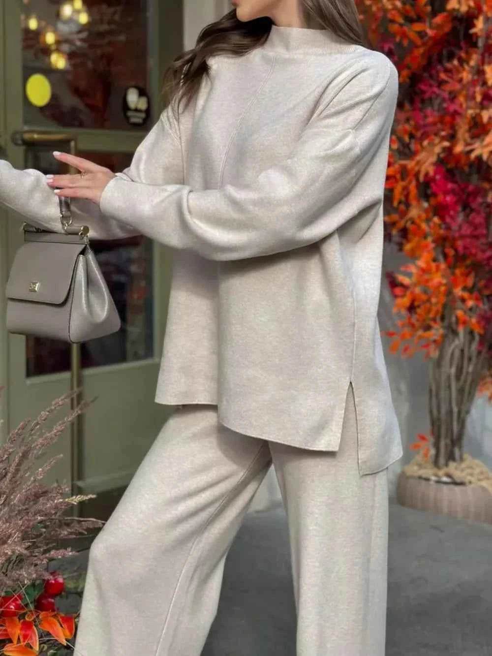 Slit Mock Neck Top and Pants Sweater Set - EBYNN