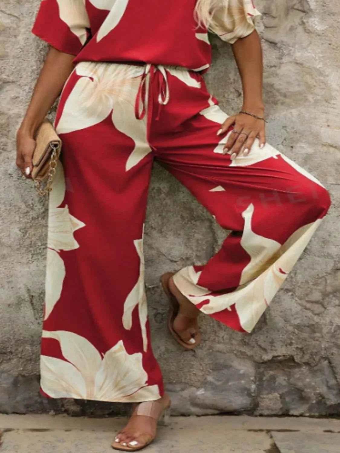 Printed V-Neck Top and Wide Leg Pants Set - EBYNN