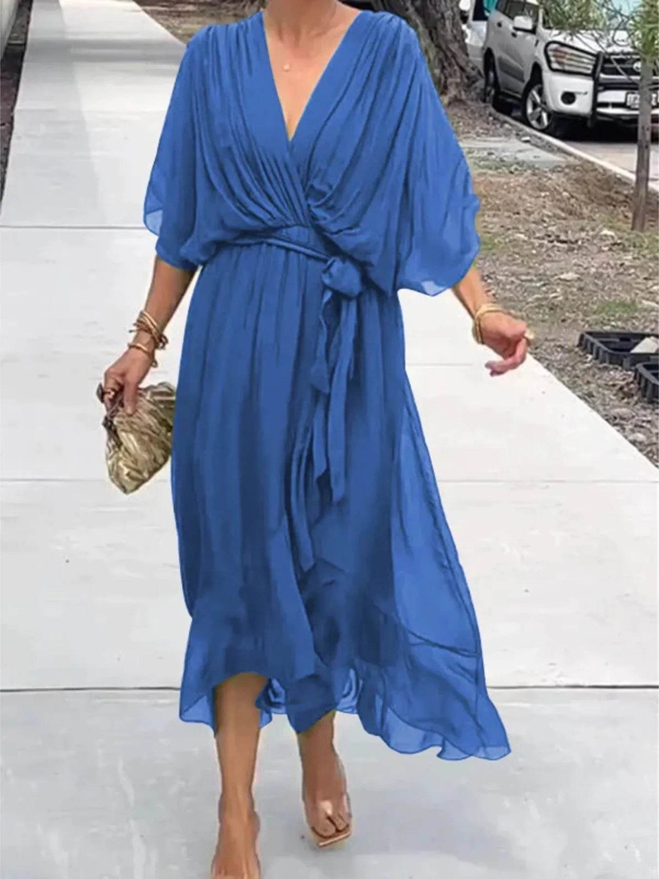 Full Size Flowy Tie Front Midi Dress with Flutter Sleeves Plus Size - EBYNN