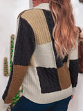 Multicolour Color Block Cable Knit Sleeve Buttons Collared Sweater.