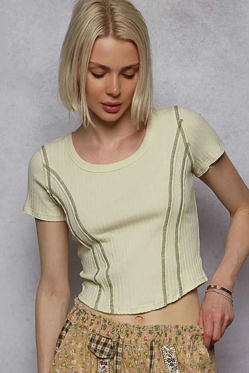 Sage Green Contrast Stitching Cropped T-Shirt.