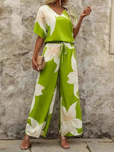 Printed V-Neck Top and Wide Leg Pants Set - EBYNN