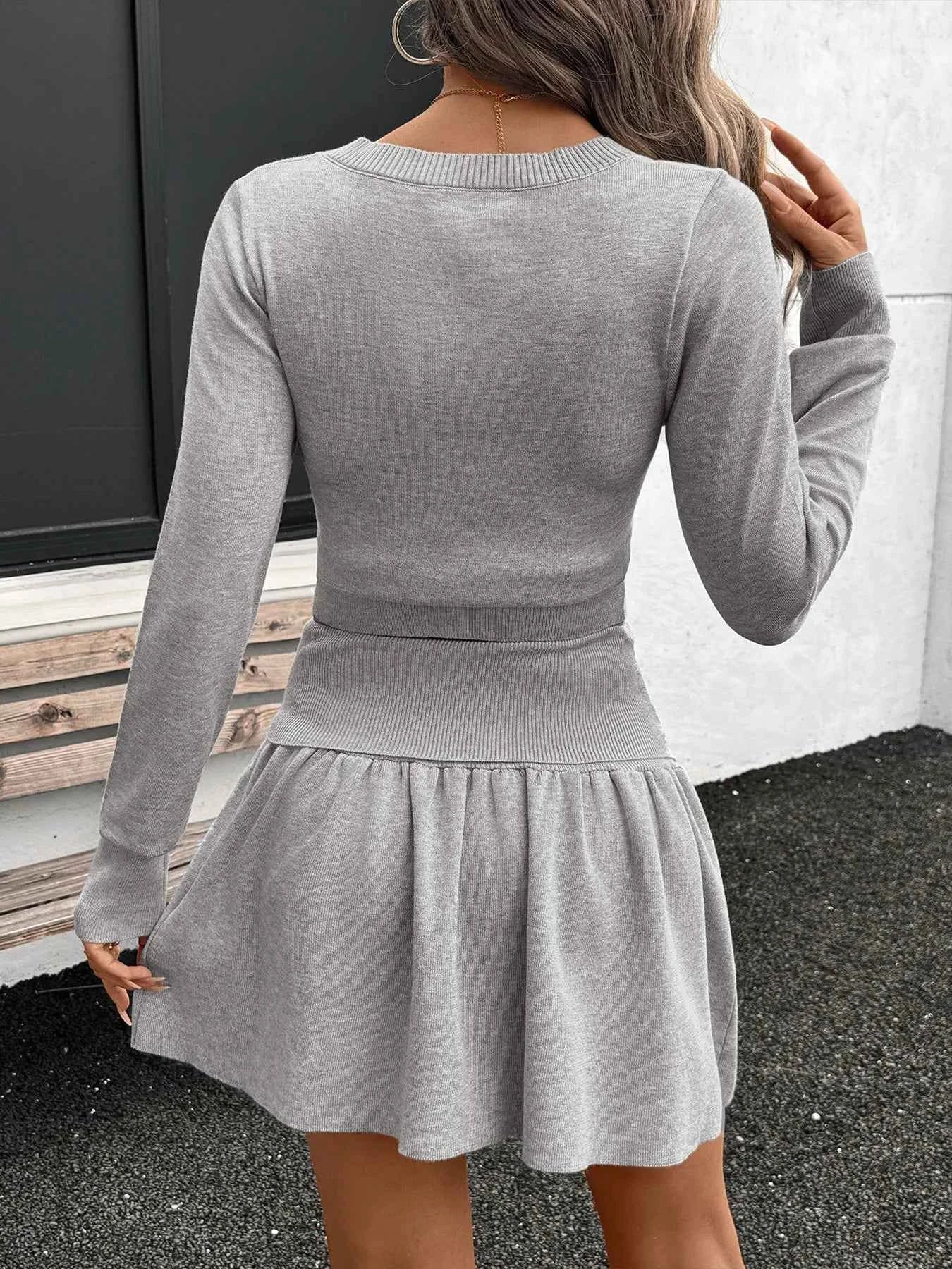 Ribbed Long Sleeve Top and Skirt Knit Set.