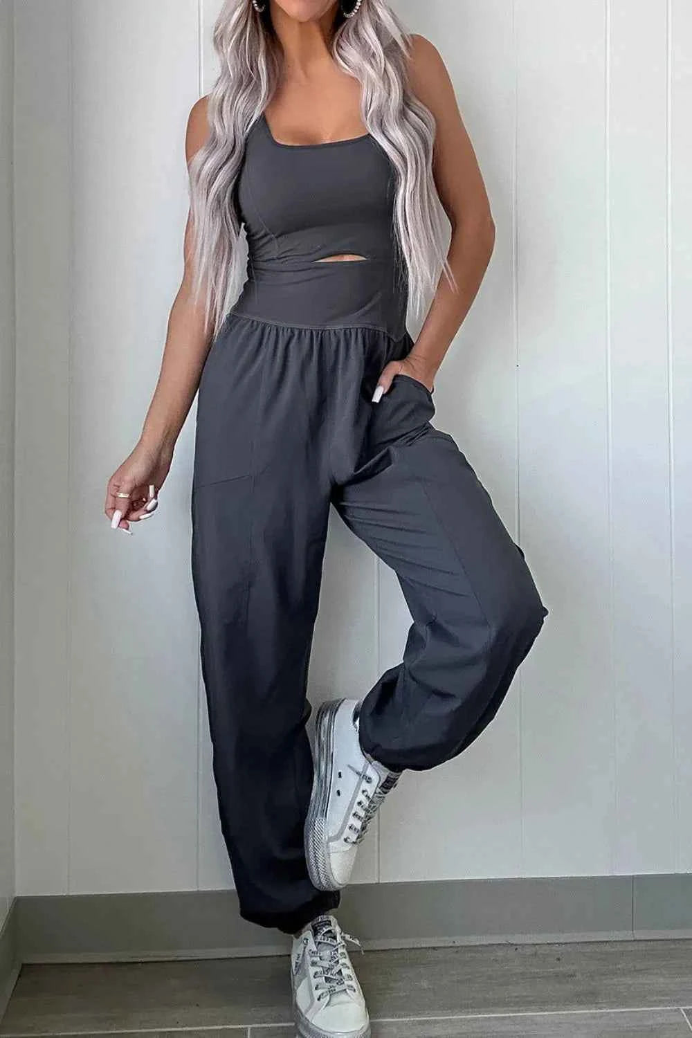 Cutout Square Neck Wide Strap Active Jumpsuit.