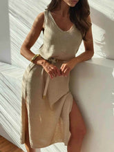 Slit V-Neck Sleeveless Sweater Dress.